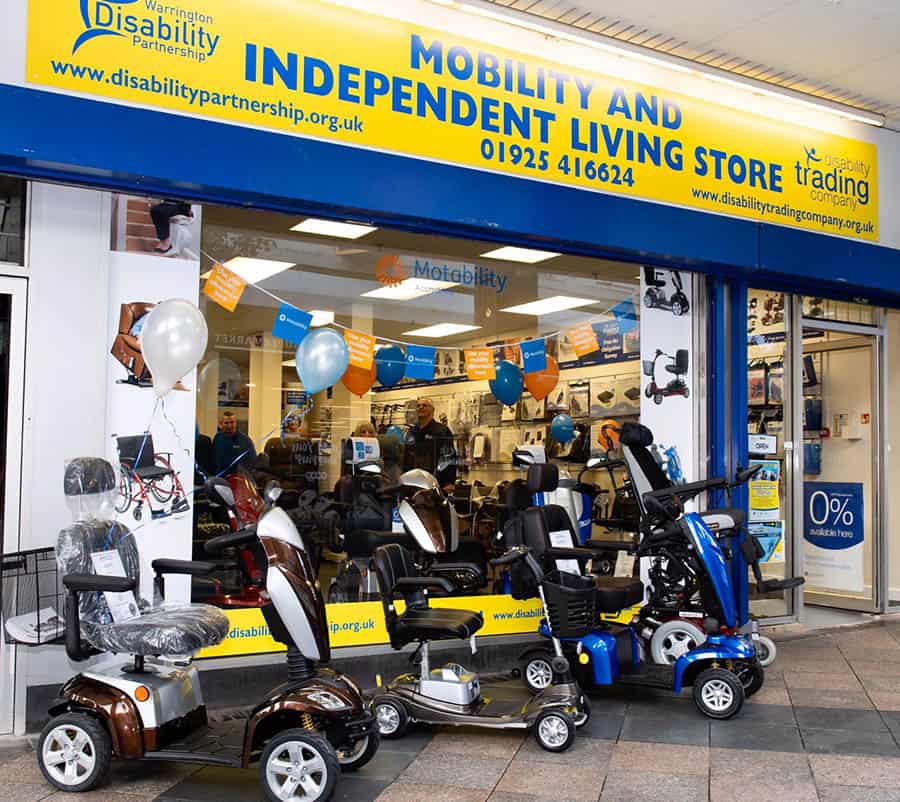 The new Warrington Disability Partnership store with mobility scooters outside