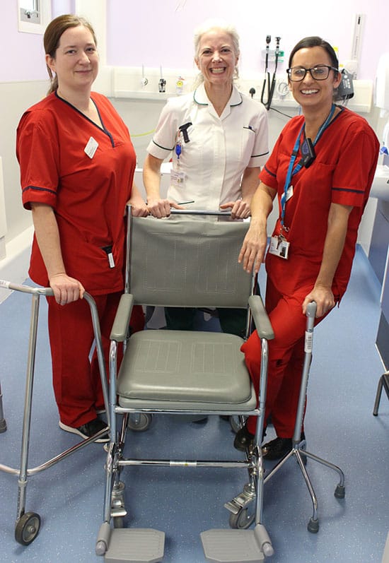 Ann Drea (centre) with OT Katy Daoud (left) and Clinical Lead Nicola Tatham (right)
