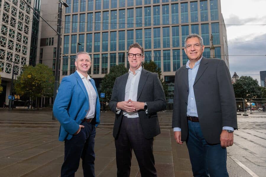 L-R_ Gary Steen, Emil Peters and Gavin Bashar at the new Tunstall Healthcare office space in Manchester