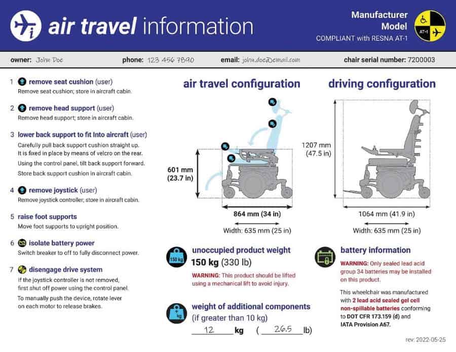 Figure 3. Air Travel ConfigurationCard for a powered wheelchair - Front