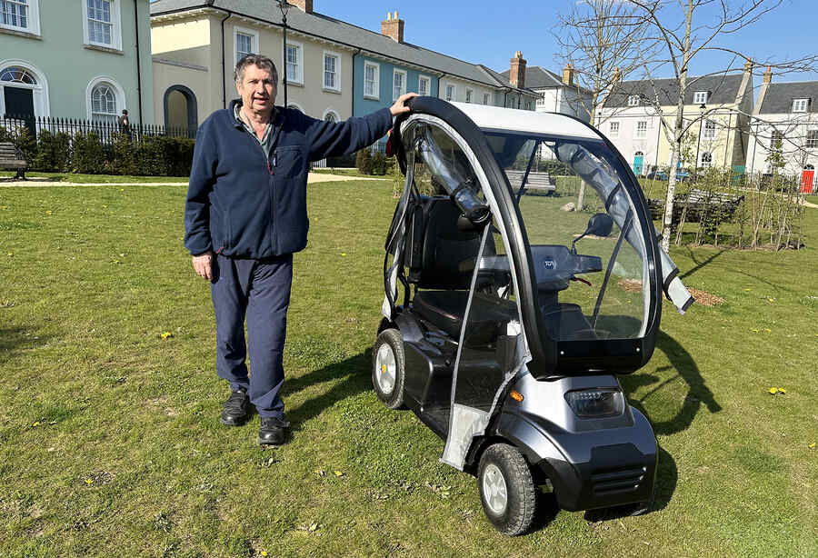 From Dorchester, Kim Slowe, Chair of the Trustees for KD-UK with his new TGA Breeze scooter. 