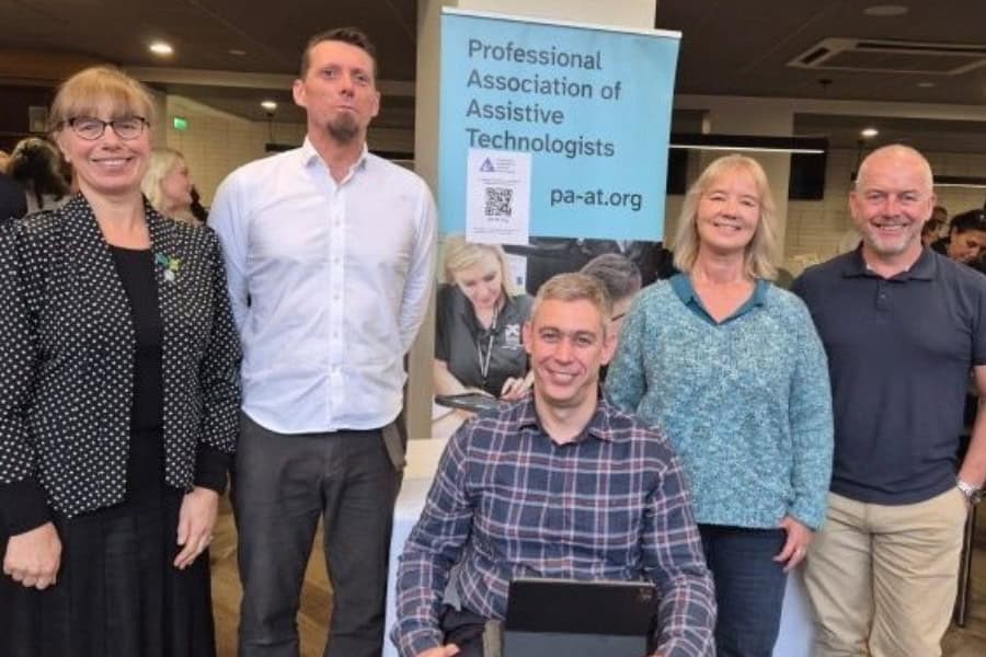 PAAT founder members and directors at the TechAbility conference. Dave Hursthouse on right. (People listing, left to right): Dawn Green, Development Coordinator at the Karten Network, Fil McIntyre, Manager and Assistive Technology Lead at TechAbility; Martin Pistorius, IT specialist; Jane Seale, Emerita Professor, learning disability and digital inclusion; Dave Hursthouse; Assistive Technology Project Manager at Leonard Cheshire.
