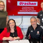 Pictured from left, Urathon’s Alyx Blick and MD Lucy Carson, with Swindon Town FC Community Foundation’s Shane Hewlett and Darren Howell